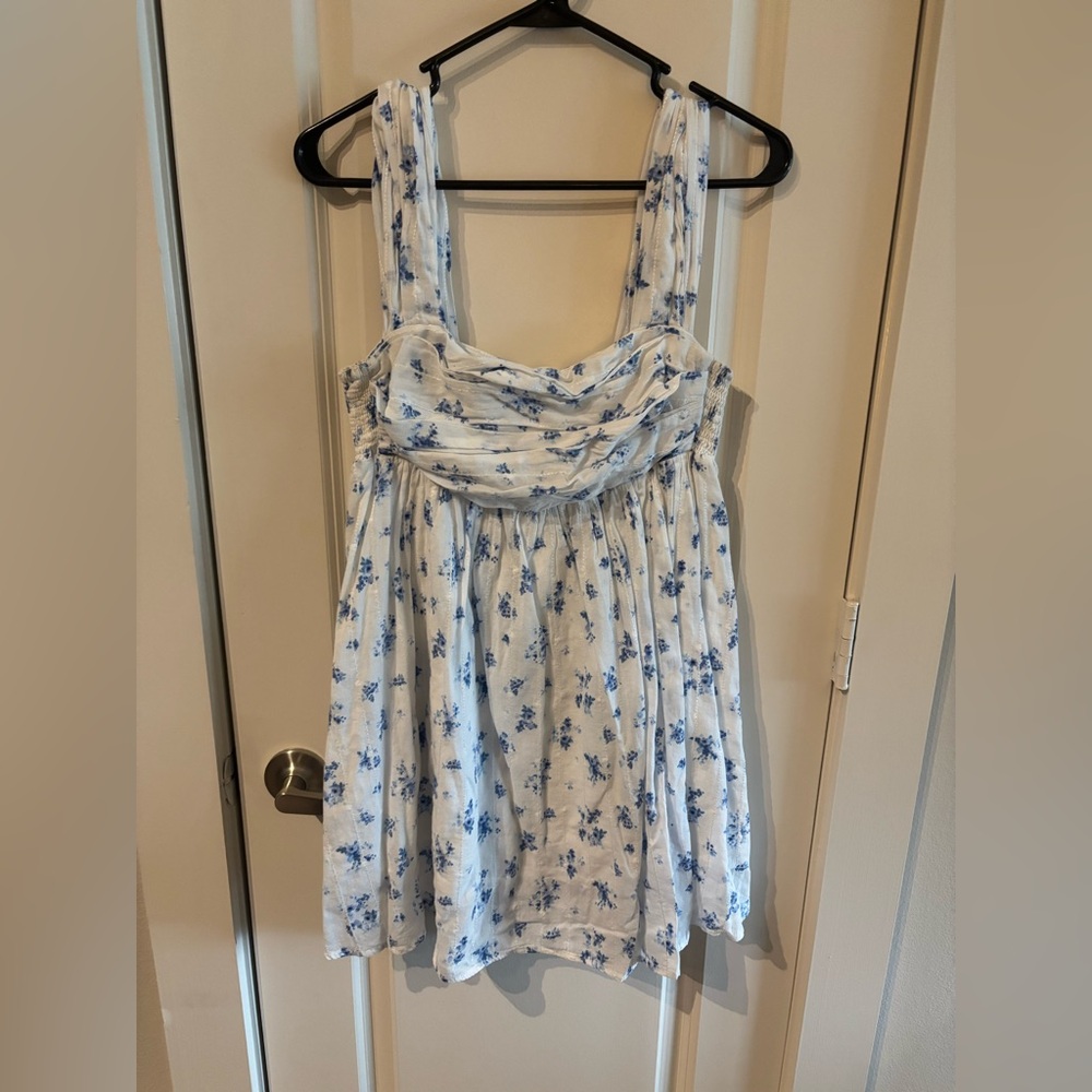 Olivaceous White Camisole Top with Blue Floral Print